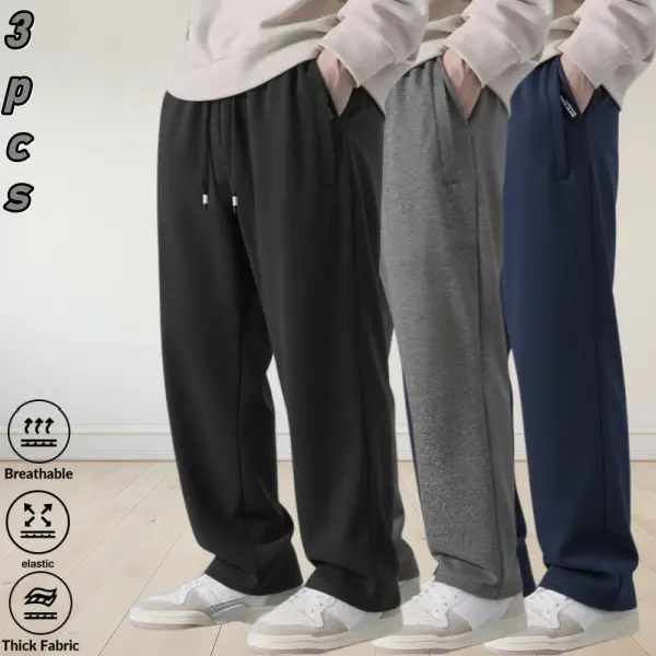 Men's 3-Pack Solid Woven Straight-Leg Pants - Elastic Drawcord Adjustable Waistband, Chic Slimming Trousers, Stylish Basics, Ideal for Everyday Casual Wear, Black+Dark Gray+Dark Blue, M, XL, Do Not Dry Clean