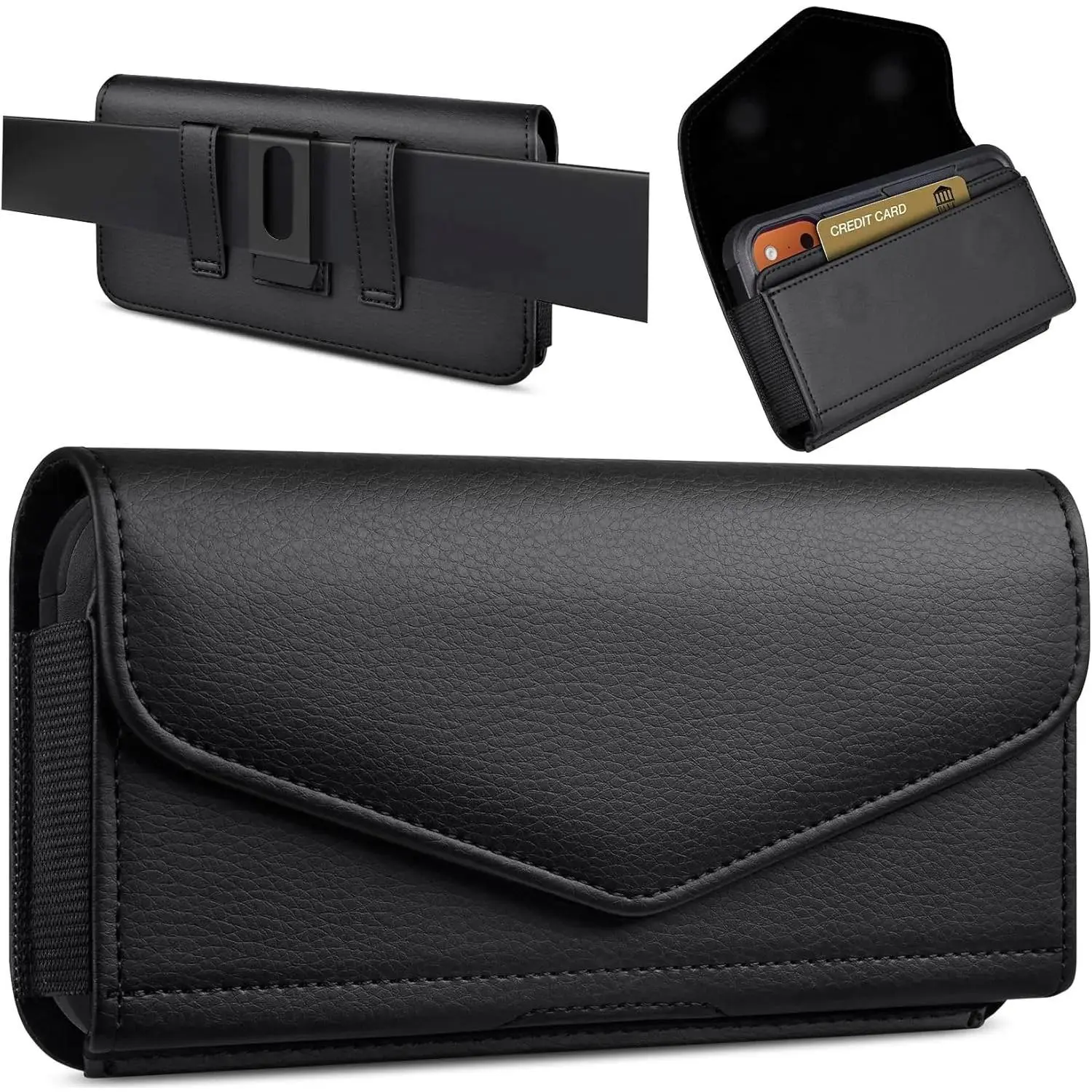 Leather Cell Phone Holster with Card Holder and Belt Clip Protective Case for iPhone Pro Max, Plus 17 16 15 14 13 12 16e, Samsung Galaxy FE, Plus S25 S24 S23 S22, L-Black, Smartphone, Cellphone, Devices, Front-Facing Card Slot