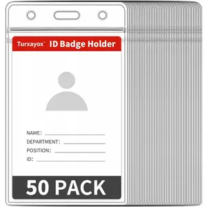 50 Pcs Clear ID Badge Holder, Vertical Plastic Name Tag Protector, Key Card Badge Holders with Waterproof Resealable Zipper for Nurses, Office, School and Lanyards Use