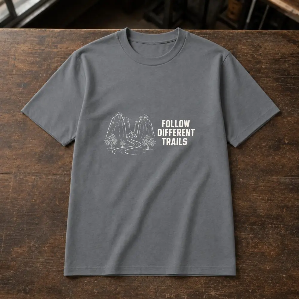 XTAUTO, Outdoor Adventure Style, Unisex T-Shirt, Follow Different Trails Mountain Graphic, Summer Hiking Camping, Gift For Travelers And Nature Lovers