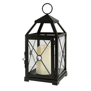 LumaBase Metal Lantern with Battery-Operated Candle - Black Gem
