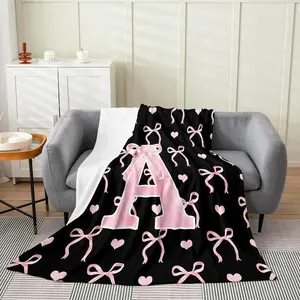 Initial Letter A-Z Flannel Blanket Throw for Girls, Black Pink Alphabet Flannel Blanket, Monogrammed Gifts for Daughter Women Teen Girls,Customized Blanket for Bedding Bedroom Office,multiple Size