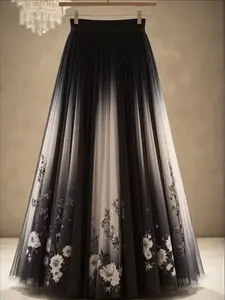 Elegant Rose Print Mesh Half Body Fitted Skirt, Long Floral Pattern Dress, Women's Fashion Clothing, Perfect for Parties & Special Occasions, Womenswear