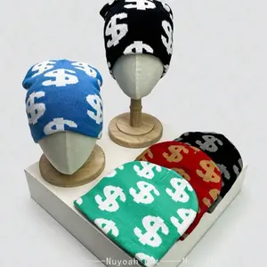 Nuyoah Pet 1pc Autumn Winter European American Dollar Sign Knit Beanie Hat Warm Unisex Personalized Hip Hop Contrast Color Street Style Cap Winter Outfits