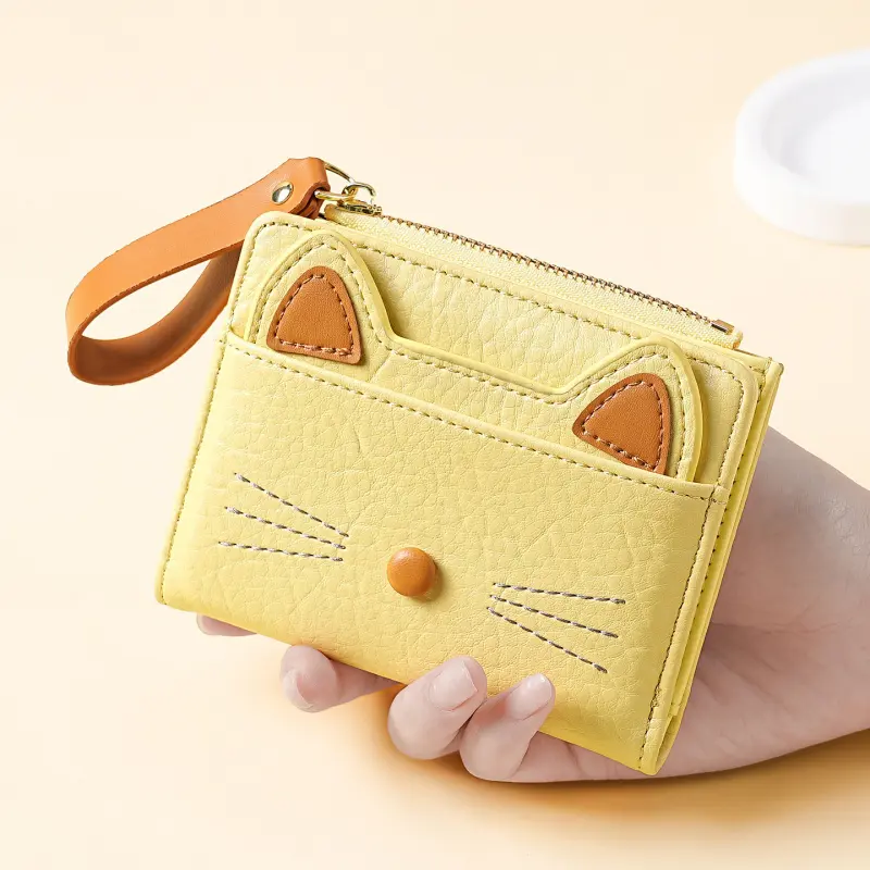 1 Cat-Themed PU Short Zipper Wallet, Convenient Zipper Multi-Card Slot Card Holder, Coin Purse Clutch Bag, Women'S Short Wallet