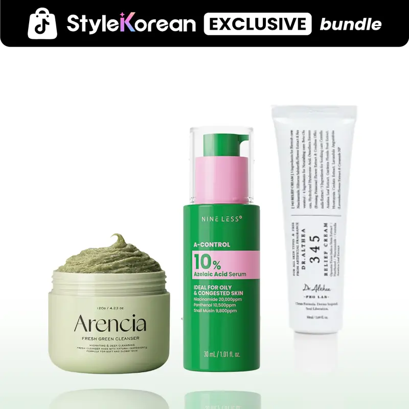 [StyleKorean] The Acne Reset Set : 10% Azelaic Acid + Mochi Cleanser + 345 Barrier Recovery (3-Step Routine) - Arencia Fresh Green Rice Mochi Cleanser, Nineless A-Control Azelaic Acid Cream, Dr.Althea 345 Relief Cream