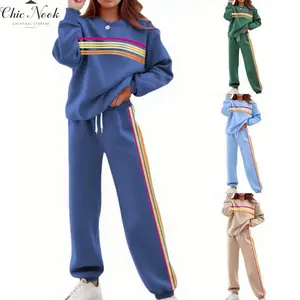 Women's 2 Pieces Outfits Long Sleeve Crew Neck Striped Print Loose Fitted Sweatshirt and Pants Sweatsuit