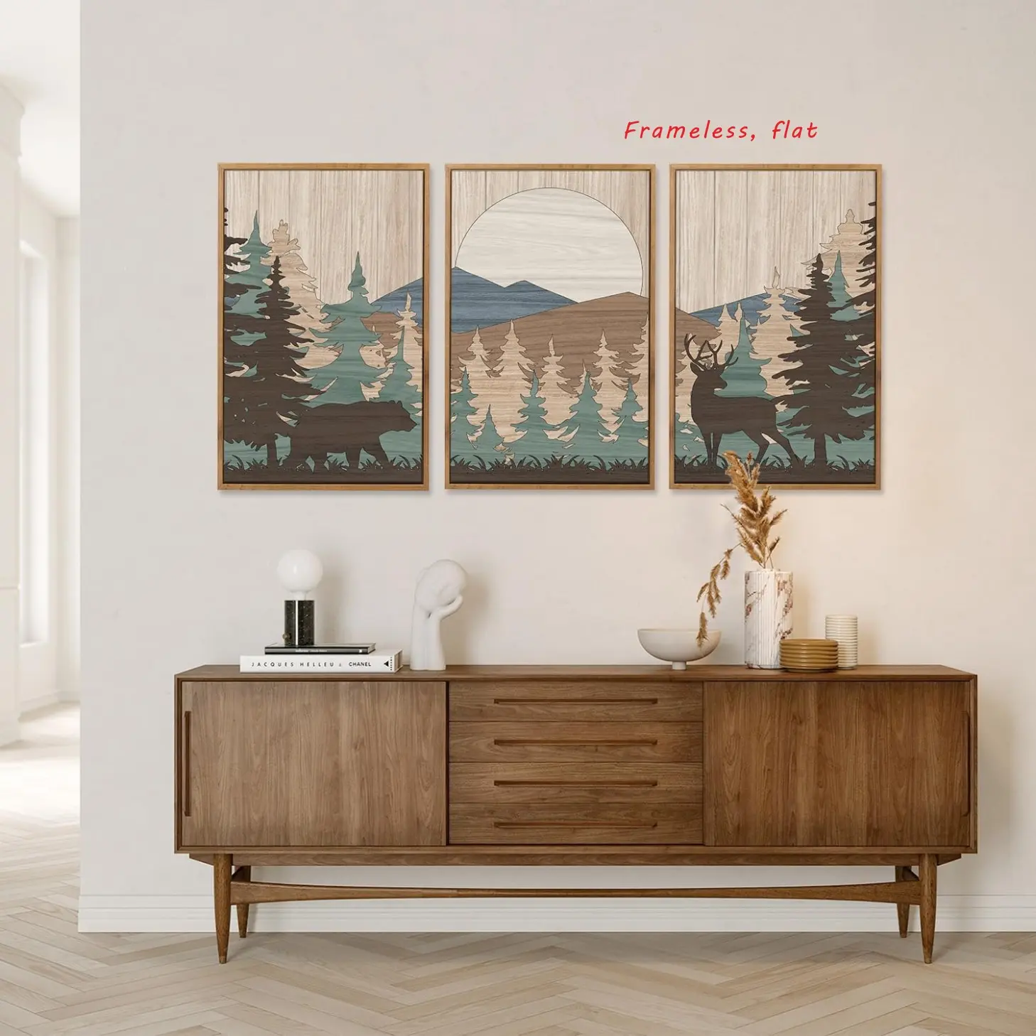 3-Piece Set / Forest Bear & Moose Mural Vintage Wildlife Nature Forest Artwork Large Hunting Lodge Adventure Mountain Sunrise Poster Print For Dining Rooms, Offices Waterproof, Frameless Artwork
