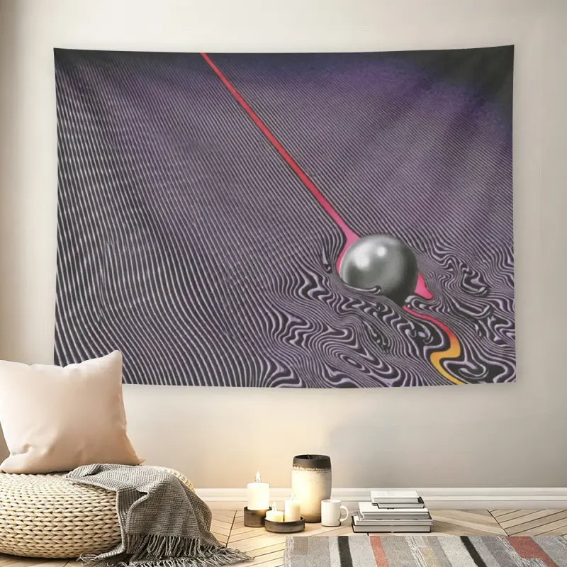 Tame Impala Currents Album Art Wall Flag, Psychedelic Wave & Silver Ball Decorative Tapestry, Mid-century Modern Black Flash Manga Style Room Decor for Adult Fans, Retro Indie Rock Wall Hanging