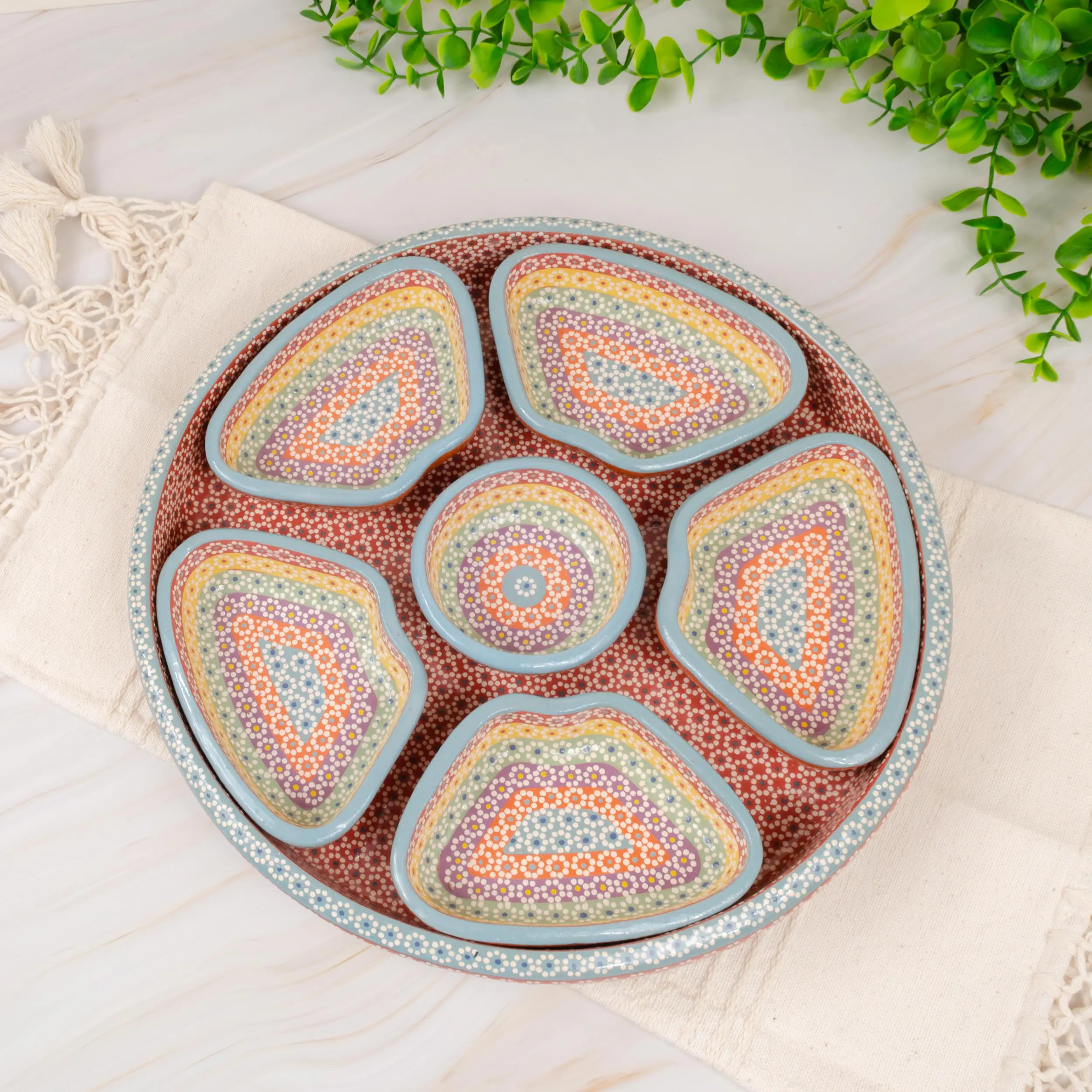 Capula 7-Piece Modular Round Clay Hand-Painted Lead-Free Food-Safe Dotted Mexican Pottery Dinner Set - Handmade Platters & Bowls for Kitchen Tableware