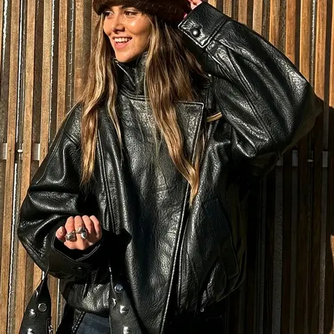 Women's Leather Jacket High Collar Zip Up Moto Biker Coat Autumn Winter Warm Outerwear Casual Loose Fit Streetwear