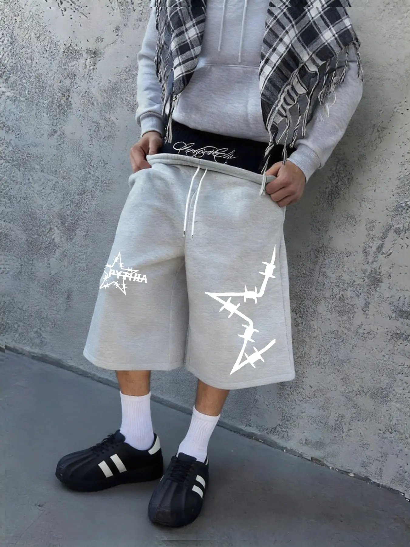 Star Print Three-Quarter Pants, Loose, Stretchy, Comfortable Stretch Fabric, Casual Street Style, Streetwear, Vacation Style, Unisex, Five Sizes Available