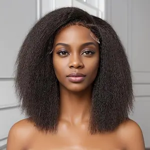 Wholesale 2025 NEW Kinky Straight Edged Wigs - Human Hair, 180 Density, Peruvian Hair, 4x4 Lace Closure, Short Bob, 10-16 Inch, Yaki Bob