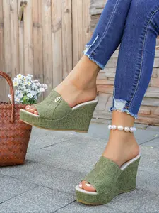 Women's Casual High Heel Sandals, Fish Mouth Open Toe Slip-On Summer Vacation Style, Textile Fabric Wedge Shoes