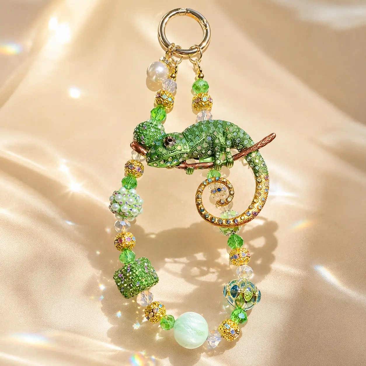 Chameleon Phone Charm Beaded – Crystal Strap for Phone, Keychain & Bag, Elegant Accessory for Women