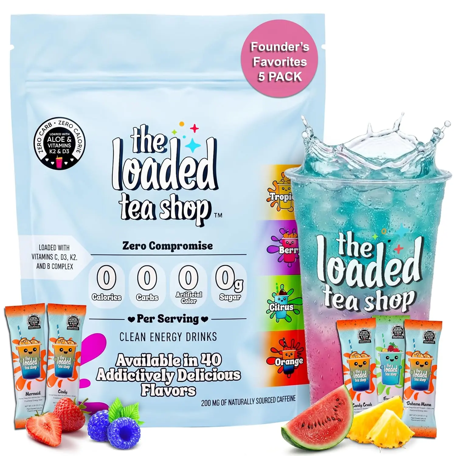 The Loaded Tea Shop Energy Drink Mix Sticks, Founder’s Favorites 5 Pack, Sugar-Free, Zero Calories, 200mg Natural Caffeine, No Artificial ColorsFlavors, Powder Packets w B Vitamins - Energy Drink Alternative