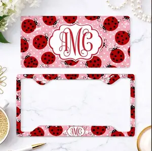 Ladybug Personalized Monogram License Plate Frame Set, Cute Red Pink Polka Dot Car Tag Co Custom Initial Name Car Accessory, Gift for Her