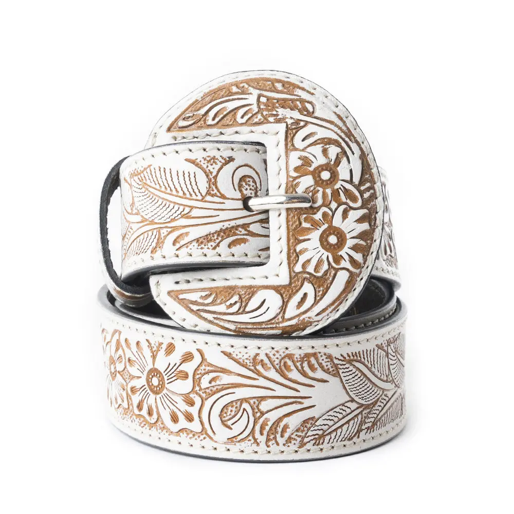 Women's Myra Talon High Ivory Tooled Leather Cowgirl Bucklebelt - Belt with Buckle, Cowboy Waist Belt, Statement Rodeo Buckle, Western Embossed Floral Design, Southwestern Artistry, Rodeo Belt Buckle