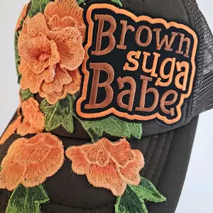 Orange Floral Brown Sugar Babe Brown Trucker Hat for Women Unisex Bighead and loc Friendly with Embroidered Flowers