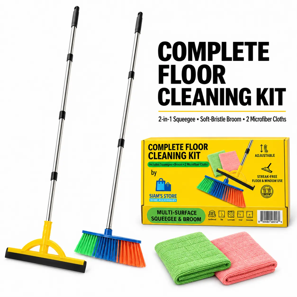 SiAM'S STORE Complete Floor Cleaning Kit - 2-in-1 Squeegee, Soft-Bristle Broom, 2 Microfiber Cloths, Multi-Surface, Adjustable, Steam-Free