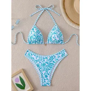 Women's Floral Print Bikini Set, Casual Fashion Chic Swimsuit Set, Ladies Swimwear for Holiday Vacation, Bathing Suit, Swimsuits Bikinis, Summer Beach Bikini, Floral Bikini Top & Floral Bikini Bottom, String Swimsuits, Bikinisets