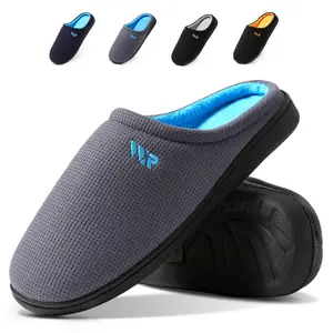 Men's Two-Tone Memory Foam House Slippers Indoor Outdoor Durable Rubber Sole、house shoes、slippers for men、mens slippers、gifts for seniors-Grey Blue