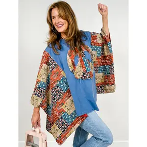 Peace Sign Patch Kantha Poncho Top