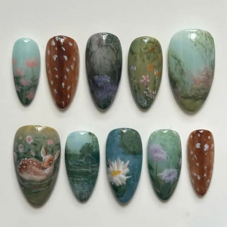 Handmade Forest Deer Press On Nails, 3D Nature Landscape Nail Art, Woodland Animal & Flower Nails