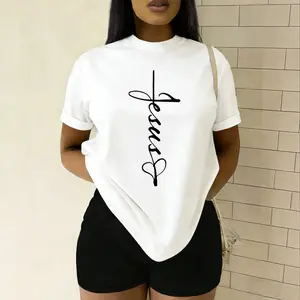 Jesus Letter Printed Round Neck Short Sleeve Casual T-Shirt For Summer Graphic Tees Women Tops Tik Tok Shop T-Shirt