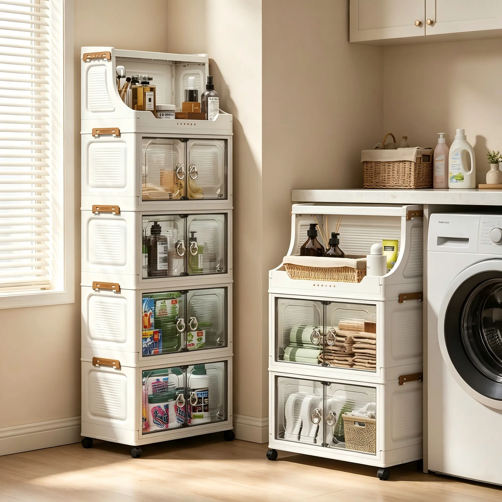 2/3/4/5/6 Tier Stackable Storage Bins, Collapsible Large Capacity Plastic Storage Cabinet, Rolling Storage Cabinet with Doors, Clear Front-Opening Multi-Layer Storage Boxes with Lids, Storage Organizer Containers for Living Room, Bathroom, Pantry, Bedroom