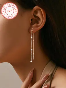 925 Sterling Silver Minimalist Tassel Statement Earrings, Elegant Beaded Chain Dangle Jewelry for Women, Trendy All-match & Exquisite Jewelry for Birthday Gift