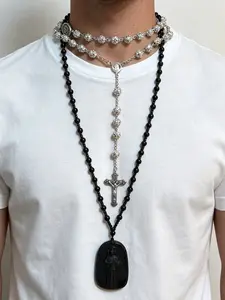 Religious Men's Necklace Set, Saint Judas Pendant + Jesus Cross Bead Chain, Spiritual Jewelry for Men, Faithful Accessories