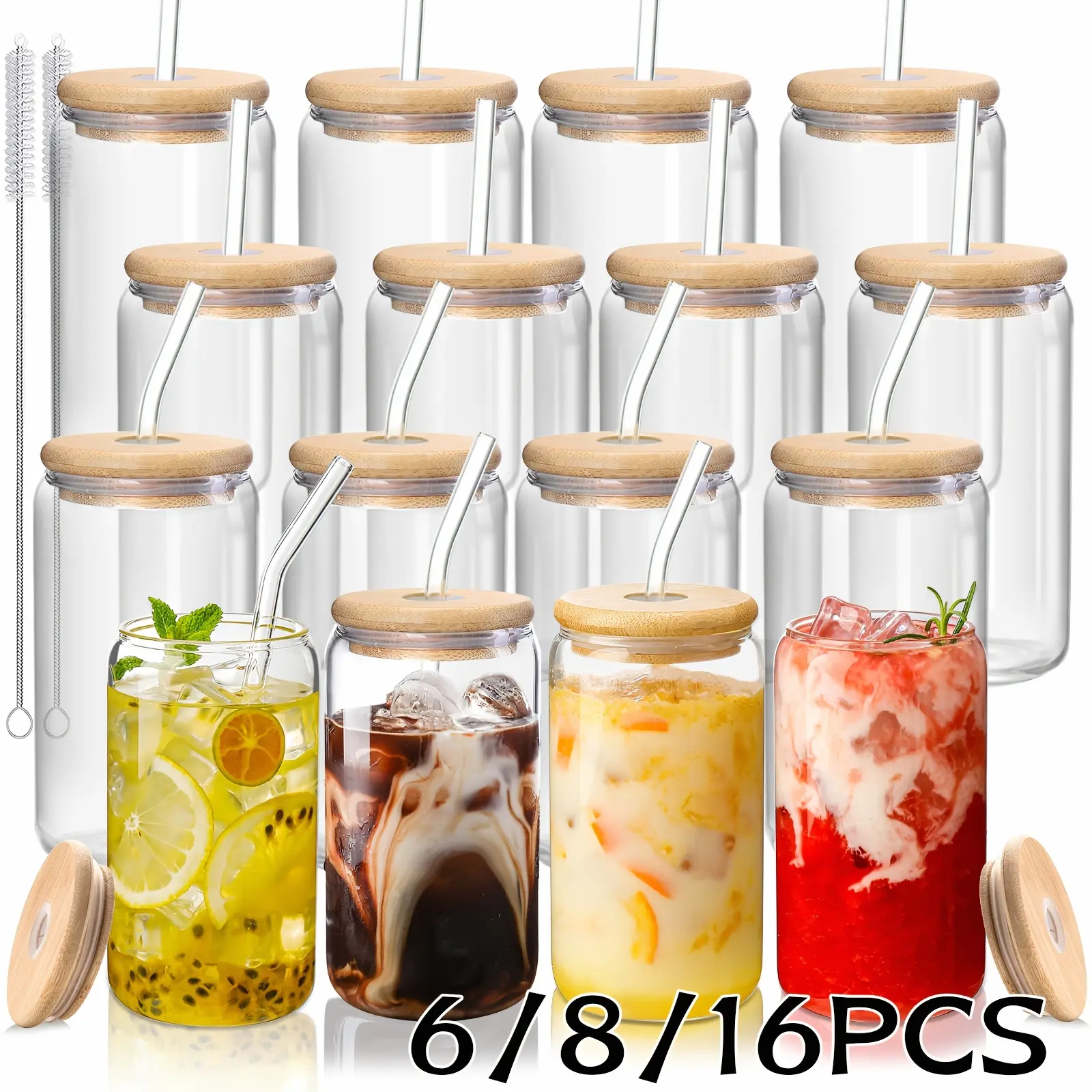 6/8/16pcs 16oz Insulated Drinking Glasses with Lids and Straws, Reusable Glass Cups for Iced Coffee, Tea, Parties, and Gifts