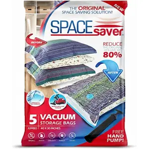 5 Pack Jumbo Vacuum Storage Bags for Comforters, Blankets & Clothes – Jumbo Vacuum Sealed Compression Bags with Hand Pump – Space Saver Storage Bags for Bedding, Moving, Travel & Organization