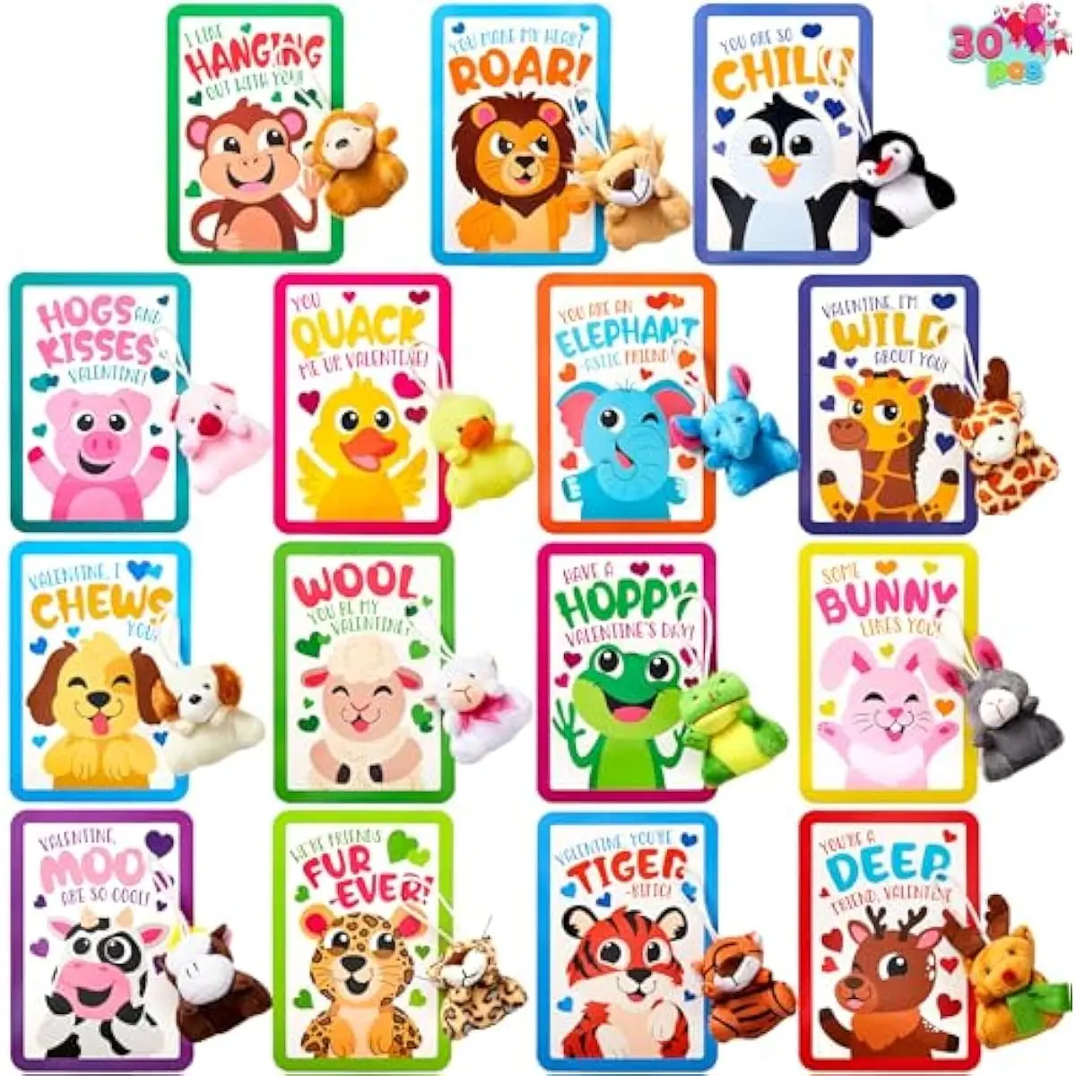 30 Packs Valentine's Day Gifts Cards with Plush Toy for Kids, Valentine's Plush Keychain Toy for Classroom Exchange Cards and Party Favor, Greeting Gifts, Game Prizes