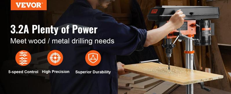 VEVOR 10'' 5-Speed Benchtop Drill Press Cast Iron Drill Press 3.2A 610-2800RPM