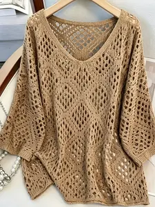 Women's Solid  Hollow Out Sweater, Casual Loose V Neck Batwing Sleeve Breathable Top for Summer, Women's Knitwear for Daily Wear, Womenswear