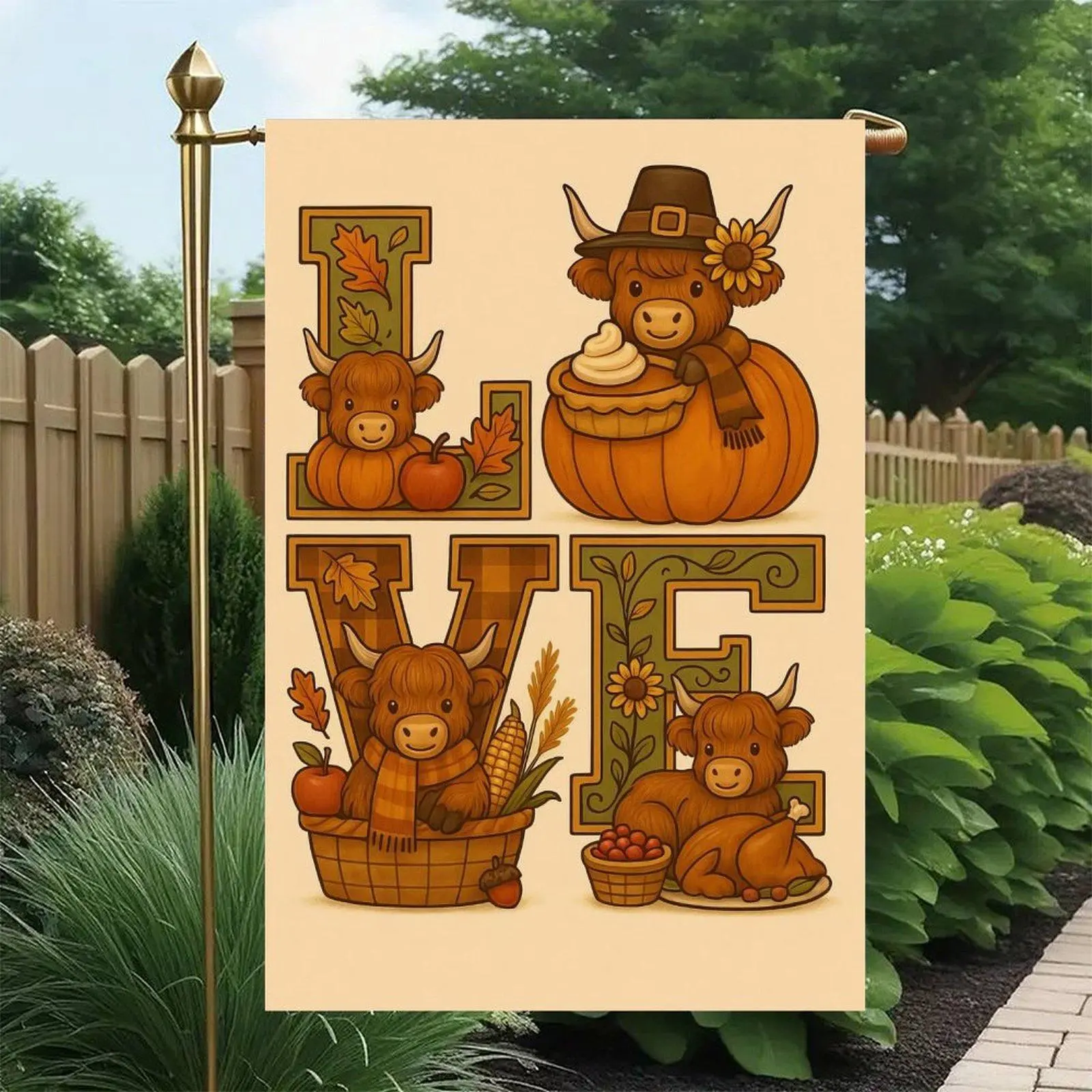 12x18in Waterproof Linen Highland Cow Thanksgiving Pumpkin Pie Garden Flag - Double-Sided Fall Animal Farmhouse Yard Decoration, Home Festive Party Backdrop Banner, sd20505003