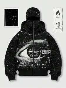 Men's Street Style Rhinestone Decor Hoodie With Two Hat, Windproof Jacket with Pockets and Zipper Design, Fall & Winter Wear