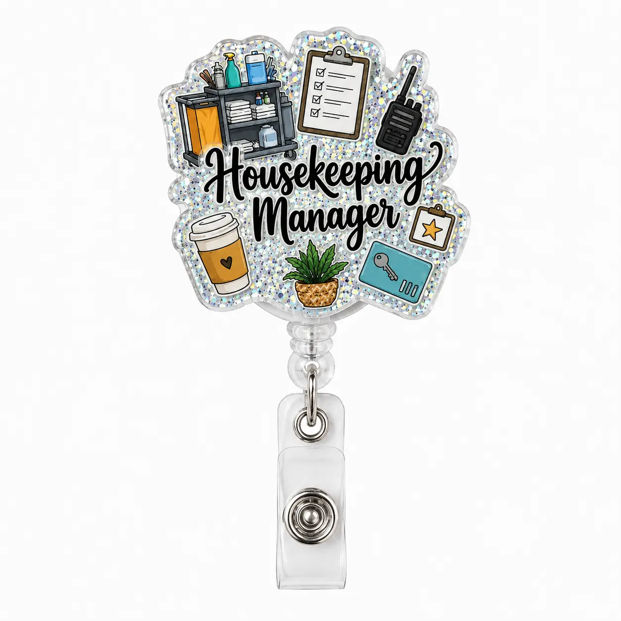 Housekeeping Manager Badge Reel, Glitter Retractable ID Badge Holder, Cute Acrylic Badge Clip for Hotel Housekeeping, EVS & Hospitality Staff
