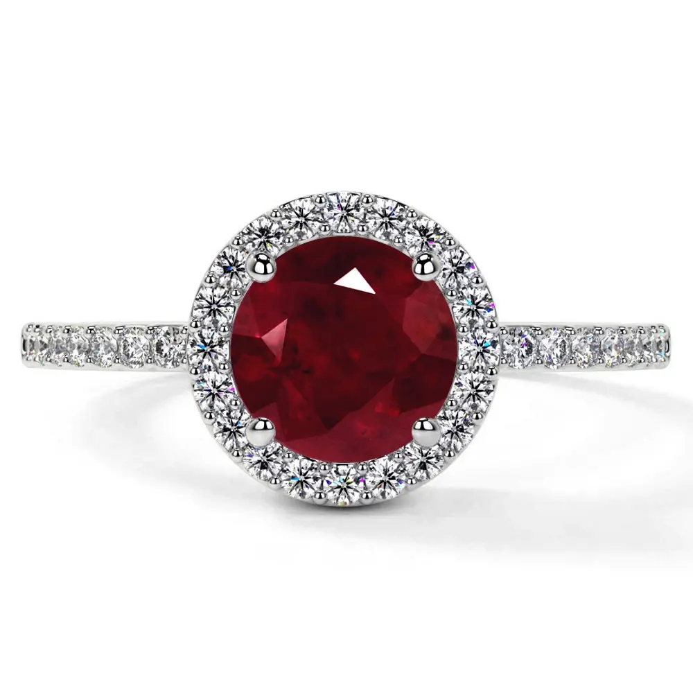 Classic Round Ruby Halo Ring with Prong Set Diamonds (1.85cttw)- RRB001-7X7-AA