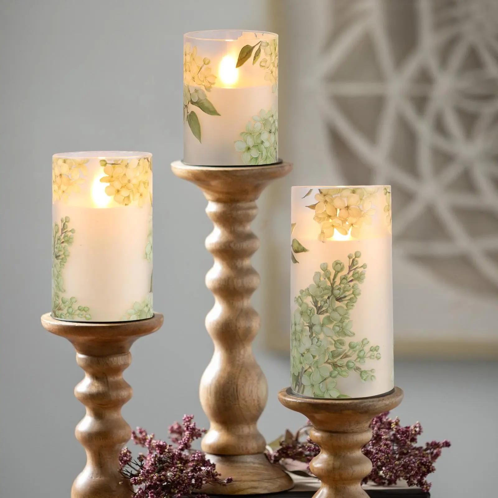 3Pcs Plastic Green Flower Flameless Candles With Remote Control Timer, Battery Powered Candles Flickering LED Candles Floral Christmas Holiday Decoration Electric Pillar Candles, Mother's Day Gift