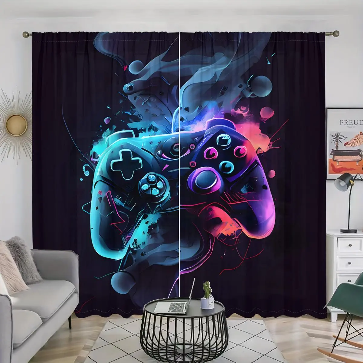 Game Controller Pattern Curtain, 2 Counts/set Gamepad Pattern Curtain, Home Decor for Bedroom, Living Room, Kitchen, Bathroom, Study, Window Curtain