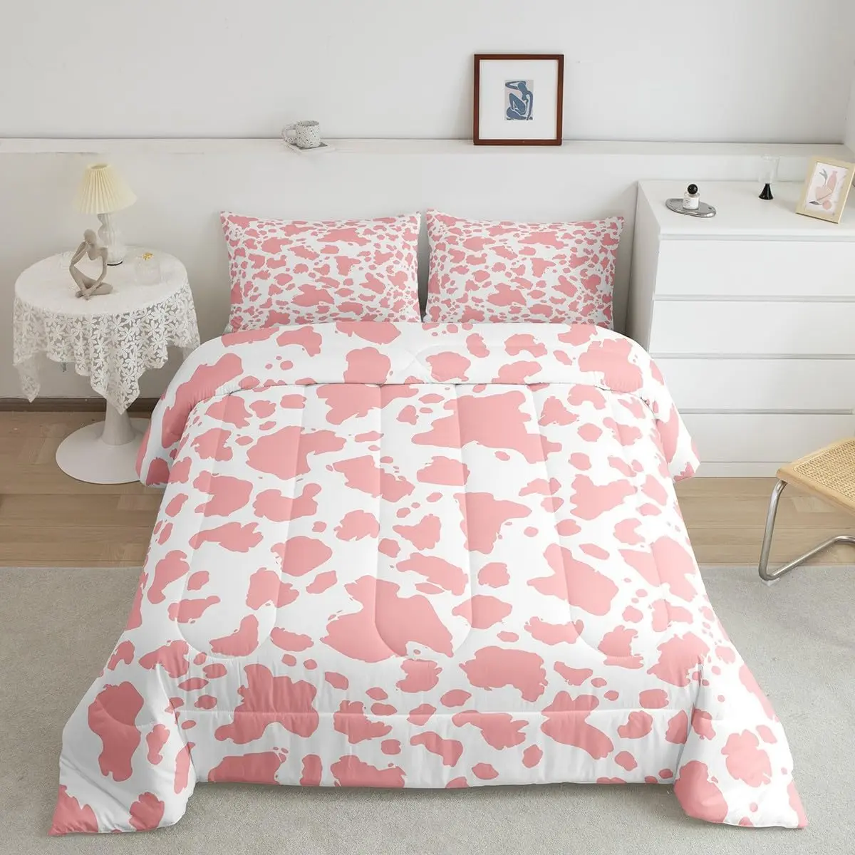 Cow Print Comforter Set Pink White Bedding Set Cartoon Milk Cow Comforter Breathable Animal Duvet Set Farmhouse Quilt Set