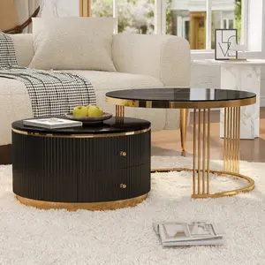 2-Piece Nesting Coffee Table Set, Black Round End Side Tables with Drawers & Gold Metal Legs, Modern Compact for Living Room Small Spaces Apartment