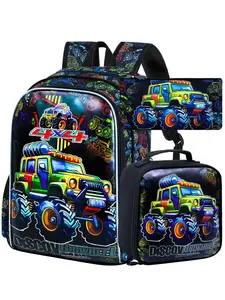 3PCS Boys Truck Backpack, 16" Kids Car Bookbag with Lunch Box, Elementary Preschool Toddler School Bag