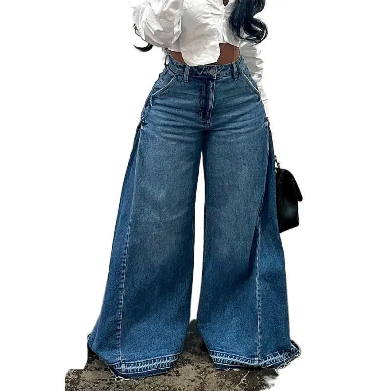 YYW1 Women's 2025 Retro Denim Wide-Leg Flared Fringe Jeans - Sparkly Baggy Bottoms with Pocket Design, 3XS Size