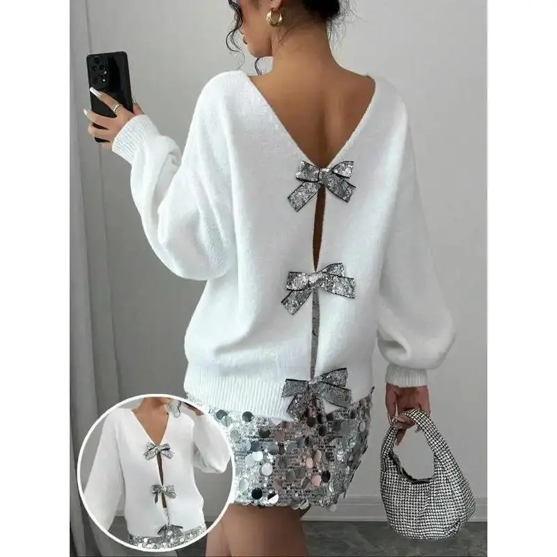 Women's Glitter Bow Decor Sweater Pullover, Casual Long Sleeve Jumper for Daily Wear, Ladies Knitwear for All Seasons