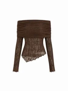 Cider Lace Off-shoulder Long Sleeve Asymmetrical Hem See-through Tee