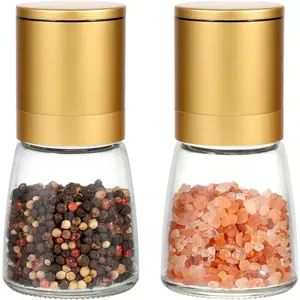 Salt and Pepper  Mill - Adjustable Coarseness Ceramic Brass  Shaker - Refillable Glass Pepper Grinders for  Golden Kitchen Accessories